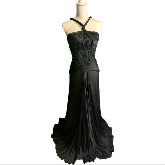 Celeb Worn Rafael Cennamo Silk Black Twist Strap Halter Neck Pleated Gown Size 4 - Picture 2 of 16
